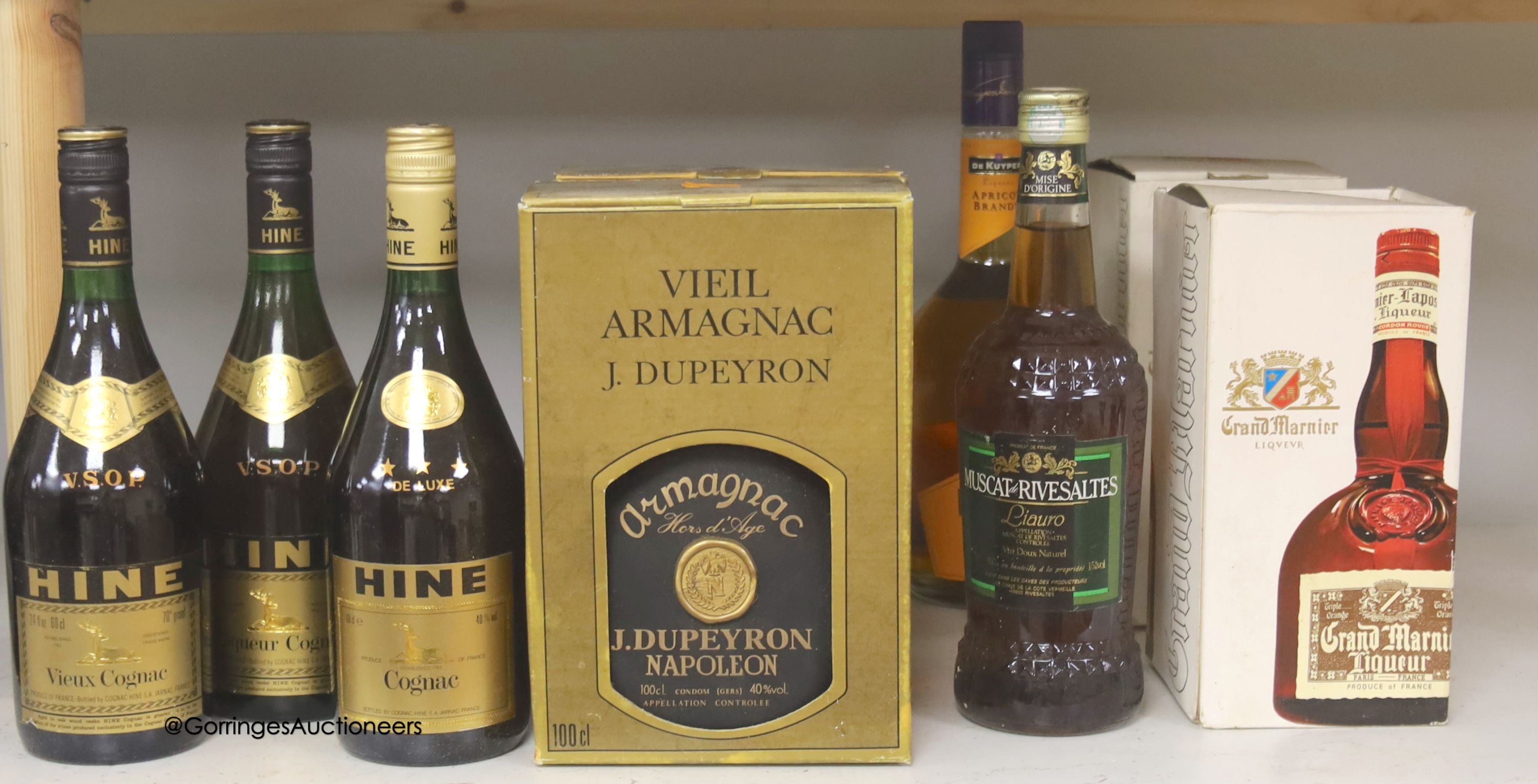 Three Hine Cognacs, two Armagnac and four other liqueurs
